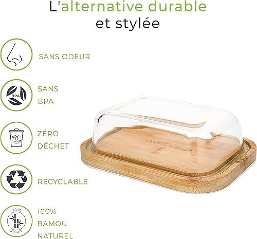 Greenable Beurrier Boîte fabriquée avec des matériaux durables en Verre avec Couvercle en Bambou - 100% sans BPA - Butter Dish - pour 250 g de Beurre - Pratique et Durable - Nail Gallerys