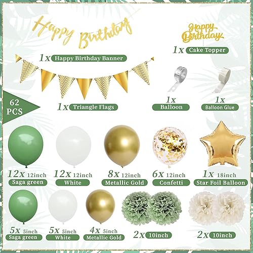 Vert Sauge et or Decoration Anniversaire 62 PièCes, Kit Guirlande D’Arche de Ballon Vert, Paillettes, Ballons, Boules de Papier BannièRe de Joyeux Anniversaire Articles de FêTe Vert - Nail Gallerys