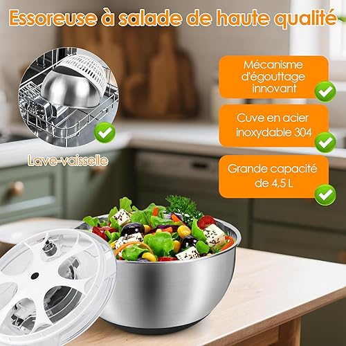 Pfloge Essoreuse À Salade en Acier Inoxydable 4,5L, Saladier avec Couvercle Et Base Antidérapante, Essoreuse À Salade INOX Idéale pour Égoutter Légumes Et Pâtes - Nail Gallerys