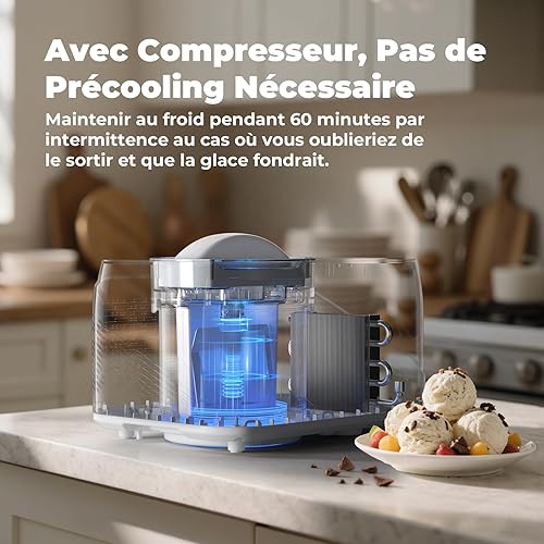 Sorbetière Electrique avec Compresseur, Auto-refroidissan Machine a Glace, Turbine à Glace 1L, avec Gradué/Spatule/Recette, pour Fait de Crème Glacée/Gelato - Nail Gallerys