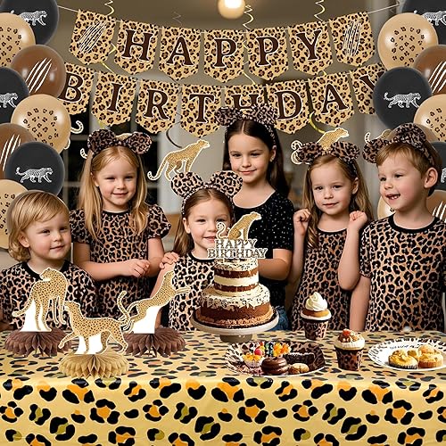 Décoration de fête d'anniversaire Guépard - Motif léopard - Les fournitures de fête comprennent des bannières d'anniversaire - Décoration de gâteau - Nappe de table - Ballons pour la jungle, le safari - Nail Gallerys