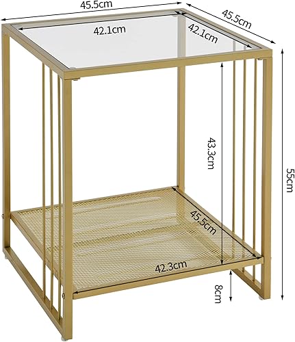 MODERION Table d'appoint en verre trempé doré avec plateau en verre trempé, structure en métal, table basse, table basse, table de chevet, stable, 45,5 x 45,5 x 55 cm - Nail Gallerys