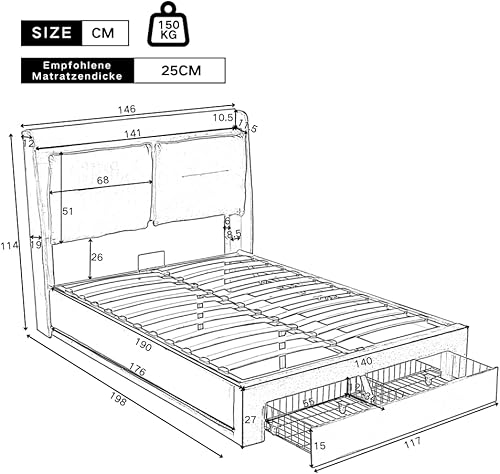 Zubaliya Lit Coffre 140x190 avec LED et tiroirs,Cadre de lit 140 x 190,lit 1 Personne avec Rangement et sommier à Lattes,sans Matelas,Velours - Nail Gallerys