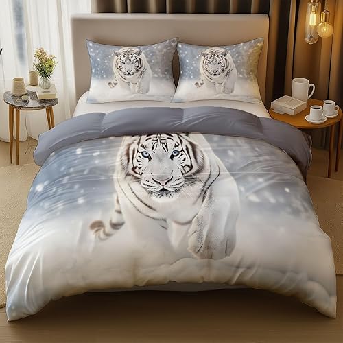 Housse De Couette Réversible Animaux Tigre Hiver Neige Motif, Microfibres D'été Parure De Lit pour Chambre 140 x 200 cm avec 2 Taie d'oreiller pour Adolescents Adultes, Gris - Nail Gallerys