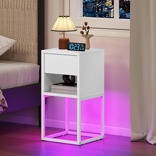 DWVO Lot de 2 Tables de Chevet LED avec tiroir et Table Basse Ouverte à 3 Niveaux avec étagère Ouverte, Fonctionne comme Table de Nuit, Convient pour Chambre à Coucher, Salon, Blanc - Nail Gallerys