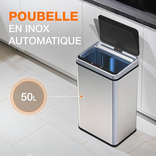 CATAVANA Poubelle Automatique Pliable 50L - Poubelle à Capteur Résistante aux Empreintes - Couvercle à Fermeture Douce avec Fonction Manuelle en Option - Argenté et Noir - Nail Gallerys