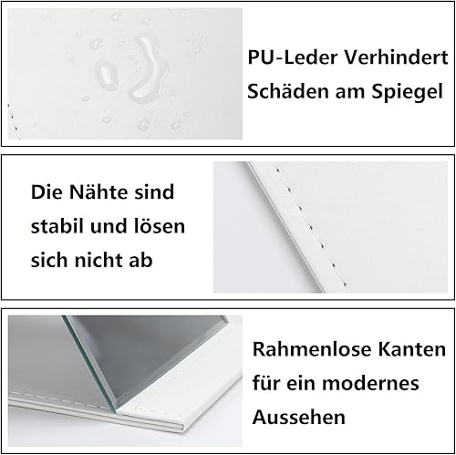 KOMUNJ Grand miroir portable Super HD Miroir de maquillage pliant en cuir synthétique Miroir de voyage pour salle de bain, chambre à coucher, camping (blanc, 25 x 17 cm) - Nail Gallerys