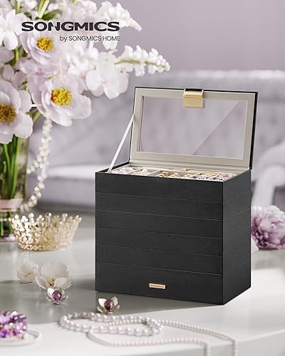 SONGMICS JBC195B01 - Plateau à bijoux empilable - 6 niveaux - Grande boîte à bijoux - Couvercle en verre transparent - 17 x 28 x 25,3 cm - Pour coiffeuse - Idée cadeau - Noir encre - Nail Gallerys