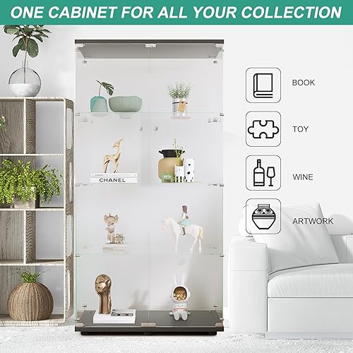RXMORI Vitrine sur pied en verre à 4 couches - Vitrine de collection - 2 portes avec serrure - Vitrine en verre debout pour salon, chambre à coucher, bureau (noir) - Nail Gallerys