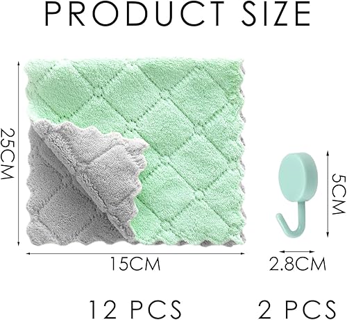 MAXQUU Lot de 12 Torchons en Velours Corail Avec 2 Crochets - Chiffon de Nettoyage en Microfibre, Éponge à Récurer Bicolore - Multi-Usages pour Cuisine et Ménage - Nail Gallerys