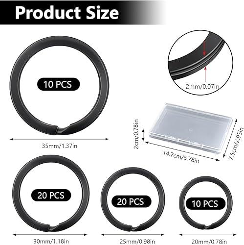 60 Pièces Anneaux Porte Clé 20mm/25mm/30mm/35mm Noirs Porte-clés à Bords Ronds Plats pour Toutes Sortes de Clés, Bricolage, Artisanat - Nail Gallerys