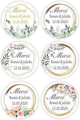 MameArt 50 PCS Autocollants Personnalisée Mariage Merci avec Fleurs, 4cm Étiquettes Autocollants pour Mariage Anniversaire Ans Baptême Cadeaux Fête (FR04) - Nail Gallerys