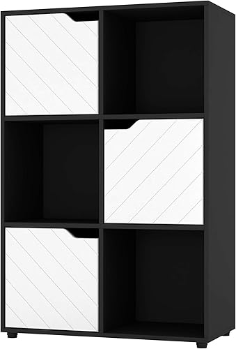 URBNLIVING Bibliothèque cube en bois noir avec portes lignées, étagère de rangement, armoire moderne (porte noire, cube 3 x 3 (9 cubes) - Nail Gallerys
