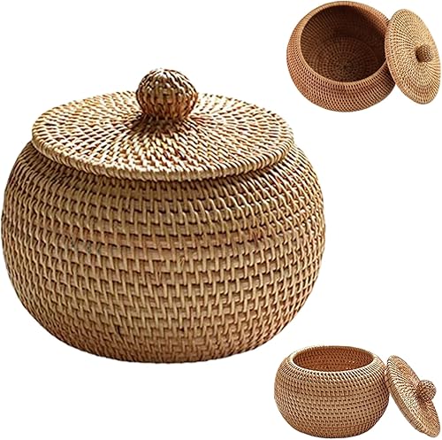 Obelunrp Petit Panier en Osier, boîte en rotin avec Couvercle Rond à poussière 5.91x5.91x4.72 Pouces tissée sans Odeur - Nail Gallerys