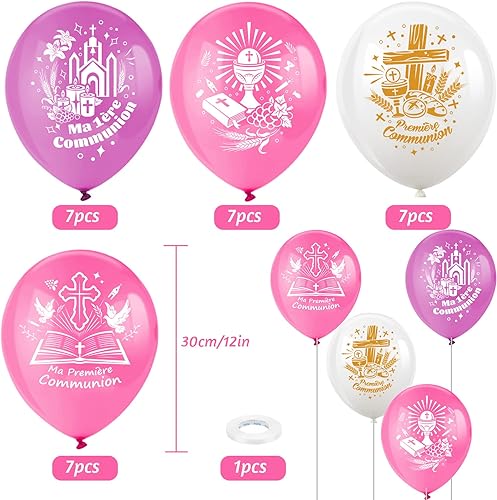 DPKOW 28pcs Rose Ballons de Ma Première Communion Décorations pour Filles, Rose Ma 1ère Communion Ballons en Latex pour Filles Sainte Communion Décorations Fournitures - Nail Gallerys
