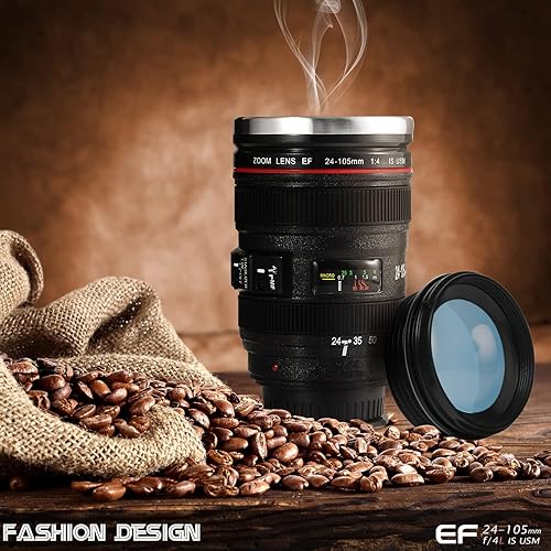 Splend Tasse à Café avec Cuillère, Caméra Objectif Tasse à Café Tasse avec Couvercle Tambour en Acier Inoxydable Bol Anti-fuite Bouche Large pour café Lait Thé, Cano EF24 105mm f 4l - Nail Gallerys