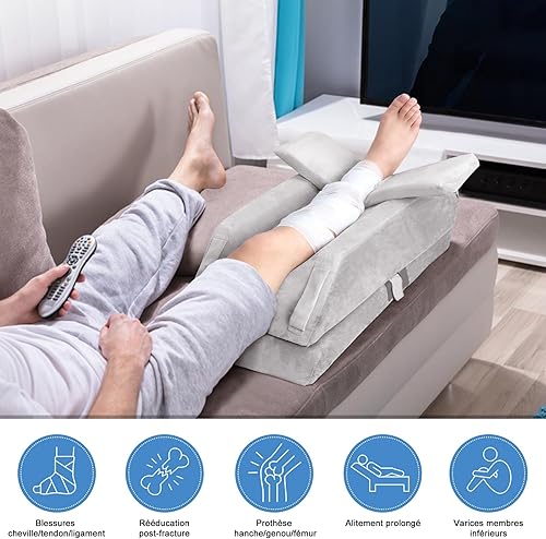 Coussins Relève-Jambes réglable en 4 hauteurs, Idéal après une Chirurgie, pour Blessures ou Détente, Mousse Mémoire Orthopédique, Doté de 3 Poignées et d'un Insert Amovible, Housse en Velours Lavable - Nail Gallerys