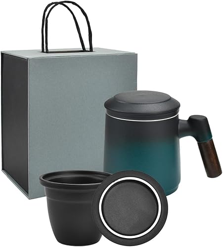 ADERTOS Tasse à Thé en Céramique avec Infuseur et Couvercle Tasse en Céramique avec Poignée en Bois Tasse à Thé avec Couvercle et Passoire Tisanière avec Filtre en Acier Inoxydable pour Maison(400ML) - Nail Gallerys