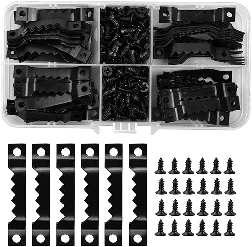 Cozlly 100 Pièces Crochets pour Cadre Photo avec 200 Vis, Photo Crochet Cintre Dents de Scie Suspendu Cintre à Double Trou, pour Cadres Photo Affiches Peintures Horloges Murales Œuvres d'art (Noir) - Nail Gallerys
