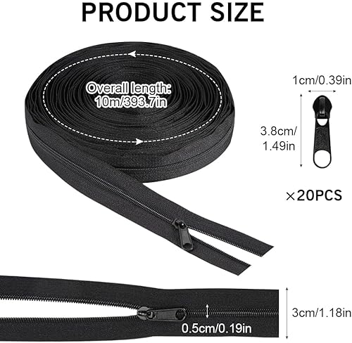 GIDWRIY Fermeture Éclair Sans Fin 10 M,Fermetures Éclair à Glissière en Nylon avec 20 Curseurs,Réparation Fermeture Eclair pour Couture,Zip Fermetures Eclair pour Sac pour Bricolage, Artisanat-Noir - Nail Gallerys