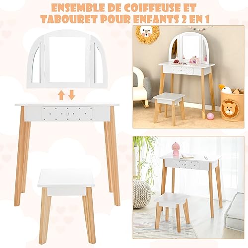 COSTWAY Coiffeuse Enfants 2 en 1 avec Tabouret,Table Maquillage en Bois avec 3 Miroirs Pliant Amovible,Style Princesse pour Tout-Petits de 3 à 7 Ans,Blanc… - Nail Gallerys