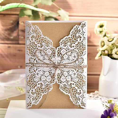 Cartes d'Invitation de Mariage,10 Pack Carte de Vintage Rétro Découpé au Laser avec Feuilles Intérieures en Papier Kraft Vierge Enveloppe et Ficelle de Jute à Main pour Anniversaire Noël Fête - Nail Gallerys