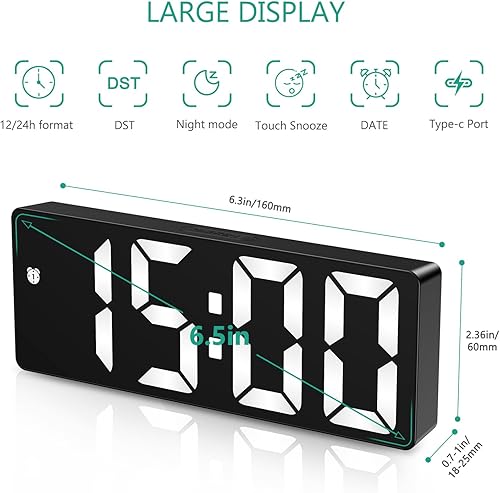 ORIA Réveil Numérique LED, Horloge de Table Moderne, Alarme avec Contrôle du Son, 5 Niveaux de Luminosité, 4 Alarmes Réglables, Date/Heure, Température, Fonctionne avec Piles et USB - Noir - Nail Gallerys