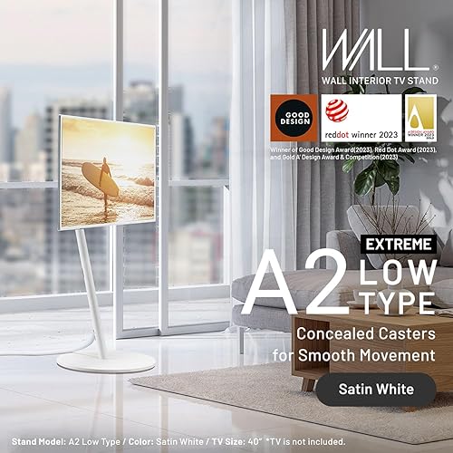WALL Seven Stand A2 Low Type | Meuble TV minimaliste roulant pour 24 à 55 pouces | Blanc satiné | Portable, peu encombrant, réglable en hauteur | Pour salon et chambre à coucher | Design et ingénierie - Nail Gallerys