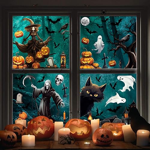 ZALAON Autocollants de fenêtre d'Halloween, 21 x 28 cm, squelette, citrouille, château, sorcière, autocollants de décoration pour fournitures d'Halloween (8 feuilles), DM551M2P1 - Nail Gallerys