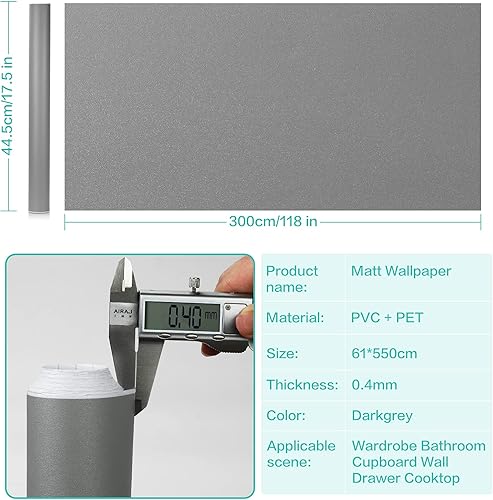 Cahomo 2 Rouleau 61 * 550cm Papier Peint Adhesif PVC, Épaissir Mat sans Bulles Papier Peint Auto-Adhésif pour Armoire de Cuisine Stickers Muraux Étanche Décor Table Placard Porte Gris Foncé - Nail Gallerys