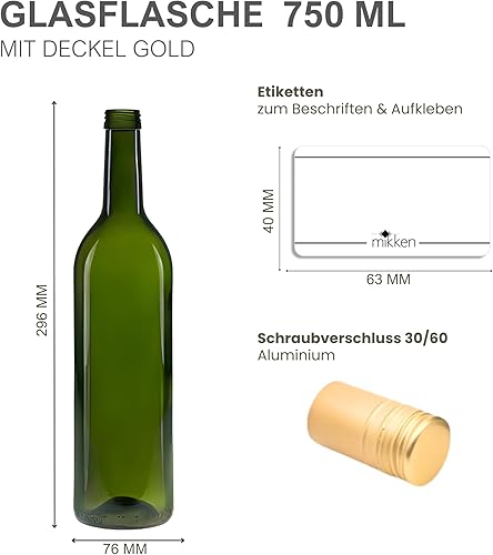 Lot de 6 bouteilles en verre vert de 750 ml avec étiquettes - 0,75 l - Nail Gallerys