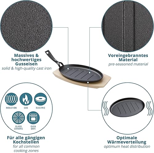 valuents mini poêle en fonte de 27cm – poele grill avec plat pour servir en bois 32cm – set de 4 plaques en fonte +Plus : 2 racloirs - Nail Gallerys