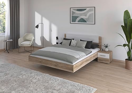 Rauch Meubles Barcelona Lit Double avec 2 Tables de Chevet, Chêne Sanremo Clair/Blanc, Surface Couchée 160X200 Cm, Système de Lit Réglable Comprenant Tables de Chevet Lxhxp 265X85X206 Cm - Nail Gallerys