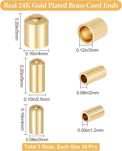 Beebeecraft 90 pièces/Boîte 3 tailles de Cordon en Cuir Se Termine en Laiton Plaqué Or 24K Embouts de Colonne 1.2/2/3mm Terminaisons de Cordon Embouts pour la Fabrication de Bijoux à Bricoler Soi-Même - Nail Gallerys