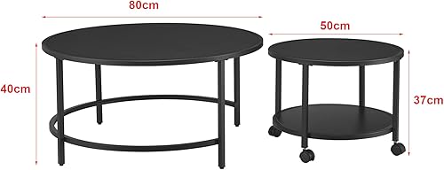 [en.casa] Lot de 2 Tables Basses Rondes Ensemble de Meubles de Salon Gigognes roulettes Espace de Rangement Panneau de Particules Mélaminé Acier Laqué Noir Mat - Nail Gallerys