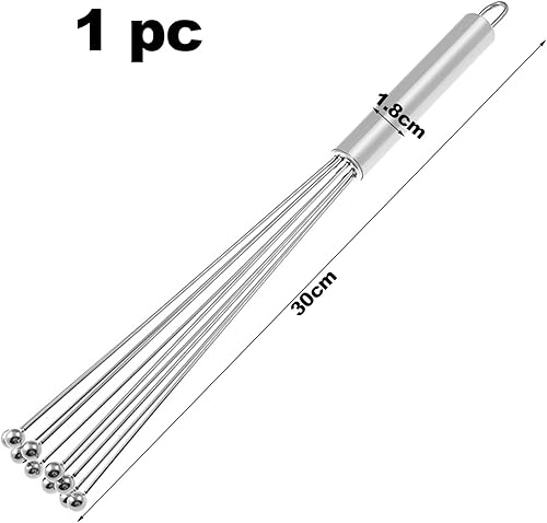 1 Pièce Mini Fouets Cuisine,Argent Batteur Main à Boule en Inox Avec 10 Fils pour Mélanger Battre Pâte à Fouetter œuf Mousse Lait Durable 1.8 x 30 cm (12 Pouces) - Nail Gallerys
