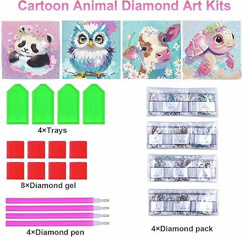 Realjoy 4 Pièces Diamond Painting Enfant, 5D Broderie Diamant Animaux pour Enfant,DIY Complet Animaux Diamant Painting Adaptée aux Débutants et aux Enfants, Cadeaux de Noël et D'anniversaire - Nail Gallerys