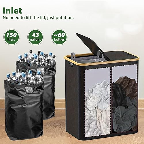 Collecteur de Bouteilles Verre, 150L Poubelle de Recyclage avec Trou, Poubelle Cuisine Poubelle Consignées avec Couvercle avec 2 sacs, Poubelle Compacteur pour Bouteille Plastique pour Vide (Black) - Nail Gallerys