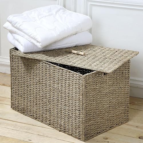 Casâme Coffre Pliable - avec Couvercle et Poignée - en Jonc de Mer - Fibres Naturelles - Malle - Coffre de Rangement - Style Nature - Beige - L65 x P40 x H40 cm - Nail Gallerys
