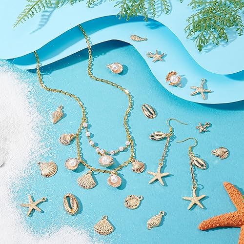 PH PandaHall 96pcs 16 Styles Breloques Coquillages en Métal 10~20mm Pendentifs Coquillages Dorés, Coquille Saint Jacques pour Bijoux D'Été Bracelets Bijoux Artisanaux Halloween - Nail Gallerys