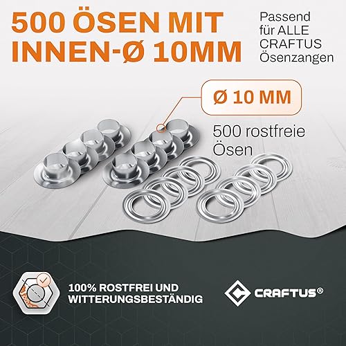 CRAFTUS® Lot de 500 œillets en acier inoxydable - 100 % inoxydable - Diamètre intérieur : 10 mm - Compatible avec toutes les pinces à œillets CRAFTUS - Œillets pour bâches, bannières, rideaux, etc. - Nail Gallerys