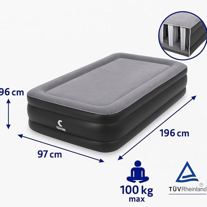Matelas Gonflable 1 Place avec Pompe électrique intégrée – 196x97x38 cm, capacité 100 kg, Surface en PVC, gonflage Rapide - Nail Gallerys