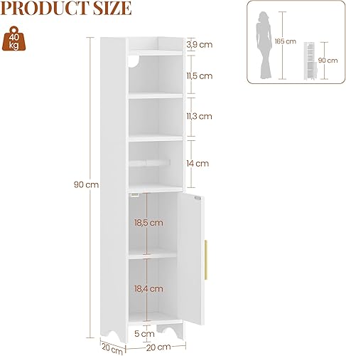 HEXCELEN Meuble de Salle de Bain, Support Papier Toilette, Meuble de Rangement avec Porte, Armoire de Salle de Bain Étroite, Armoire d’Angle avec Etagères Réglables, Moderne, 20 × 20 × 90 cm, Blanc - Nail Gallerys