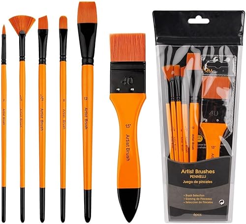Wambere Lot de 6 pinceaux aquarelle de tailles différentes - Pour peinture acrylique, aquarelle, gouache - Pour débutants, artistes - Poils synthétiques en nylon - Orange - Nail Gallerys