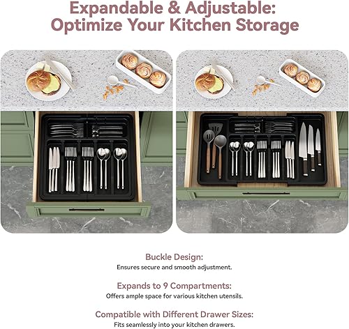 ABHENG Range Couverts, Organisateur d'ustensiles, Tiroir pour Ustensiles de Cuisine Extensible et Réglable, Porte-couteaux en plastique avec multiples compartiments,cuillères,fourchettes,Gris,AFD011G - Nail Gallerys