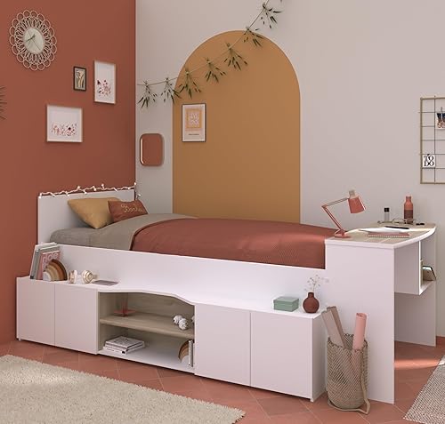 Lit combiné enfant avec rangements et bureau CLoe - 90 x 200 cm - Décor blanc et chene - PARISOT - Nail Gallerys