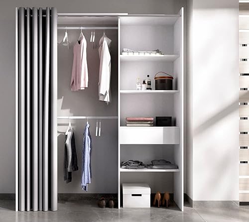PEGANE Armoire Dressing Extensible avec Rideau + 1 tiroir Coloris Blanc - Longueur 110-160 x Hauteur 205 x Profondeur 50 cm - Nail Gallerys