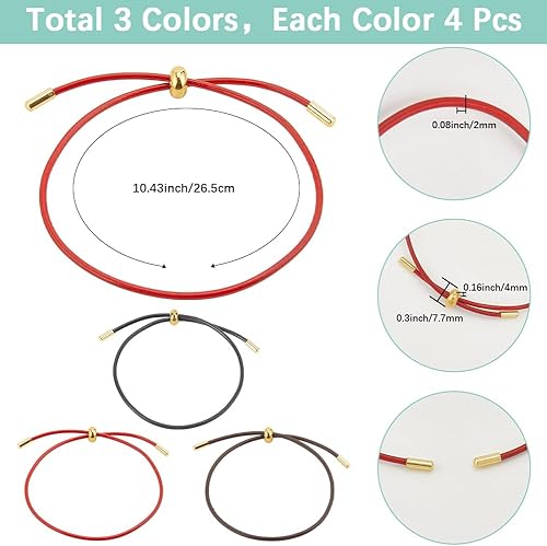 SUNNYCLUE 1 boîte de 12 bracelets Réglables en Corde Métallique de 3 couleurs Bracelet en Similicuir Rouge Noir et Marron Chaîne à Maillons Perlés avec Embout en Perle Dorée pour la Fabrication de Bij - Nail Gallerys