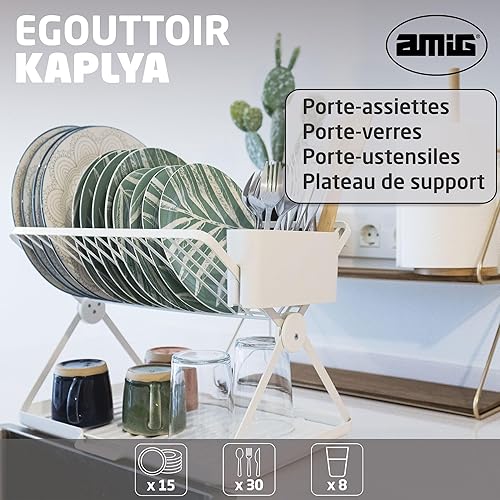 Amig - Égouttoir Pliable Kaplya - 41,5 x 33,2 x 33,8 cm - Acier et Plastique - Couleur Blanc - Égouttoir Compact avec Plateau d'Égouttage et Support pour Couverts - Idéal pour Les Petites Cuisines - Nail Gallerys