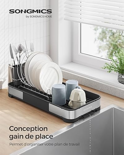SONGMICS Egouttoir Vaisselle, Séchoir à Vaisselle, Support à Vaisselle en Acier Inoxydable avec Égouttoir, Porte-ustensiles, Antirouille, pour Vaisselle, Couteaux, Cuillères, Argenté et Noir KCS034B01 - Nail Gallerys
